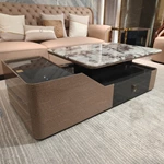 Contemporary Marble-Top Storage Coffee Table with Natural Wood Veneer Accents
